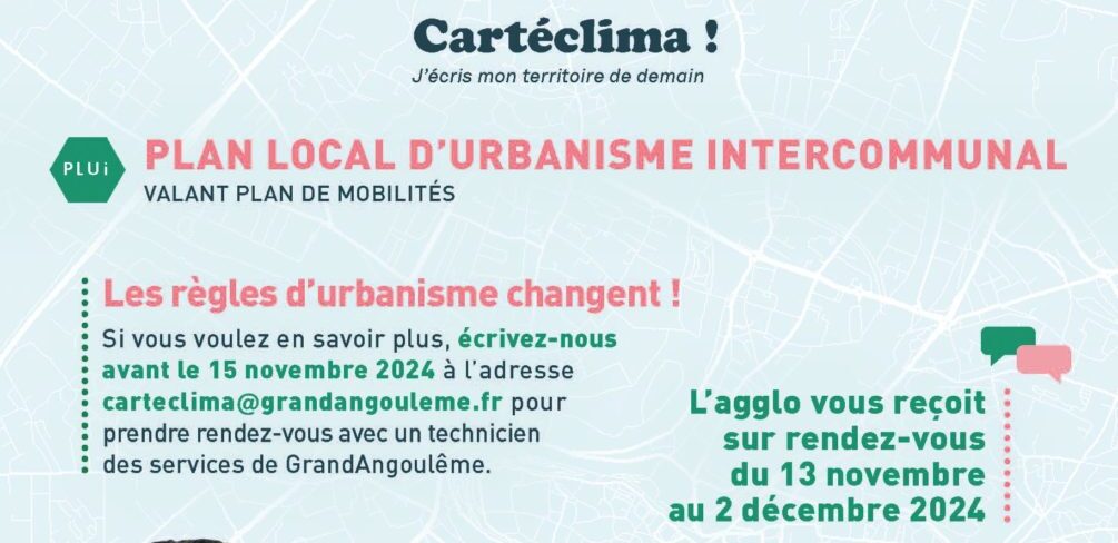 Image évènementielle expliquant la prise de rendez-vous par mail à carteclima@grandangouleme.fr avant le 15/11/2024. Rendez-vous du 13/11 ou 02/12